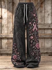 Women's Gothic Cross & Pink Ribbon Roses Floral Print Wide Leg Sweatpants