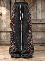 Women's Gothic Cross & Pink Ribbon Roses Floral Print Wide Leg Sweatpants