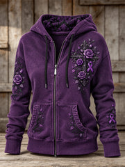 Women's Gothic Cross & Purple Ribbon Roses Floral Print Full Zip Hoodie