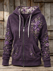 Women's Vintage Cross & Purple Ribbon Roses Floral Print Full Zip Hoodie