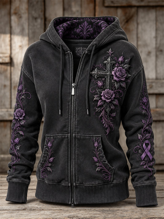 Women's Gothic Cross & Purple Ribbon Roses Floral Print Full Zip Hoodie