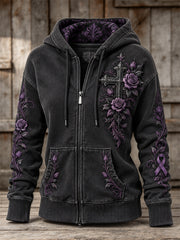Women's Gothic Cross & Purple Ribbon Roses Floral Print Full Zip Hoodie