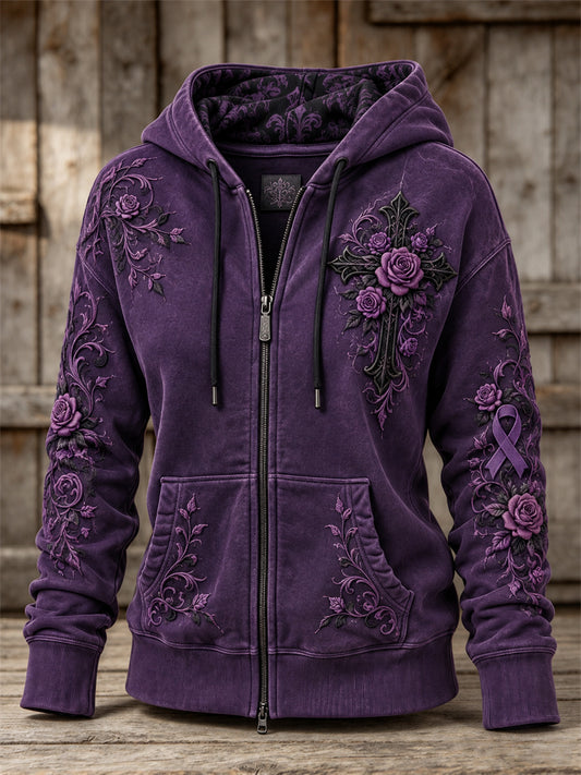 Women's Gothic Cross & Purple Ribbon Roses Floral Print Full Zip Hoodie