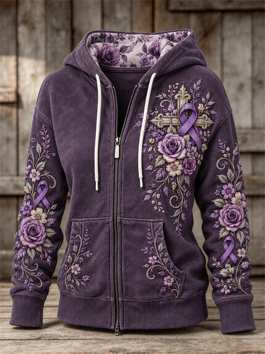 Women's Vintage Cross & Purple Ribbon Roses Floral Print Full Zip Hoodie