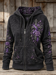 Women's Gothic Cross & Purple Ribbon Roses Floral Print Full Zip Hoodie