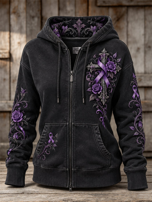 Women's Gothic Cross & Purple Ribbon Roses Floral Print Full Zip Hoodie