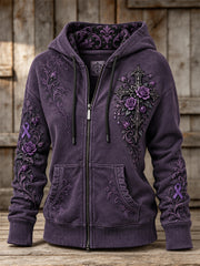 Women's Gothic Cross & Purple Ribbon Roses Floral Print Full Zip Hoodie