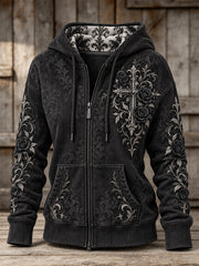Women's Gothic Cross & Black Roses Floral Print Full Zip Hoodie