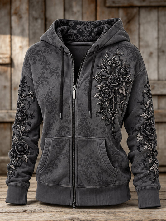 Women's Gothic Cross & Black Roses Floral Print Full Zip Hoodie