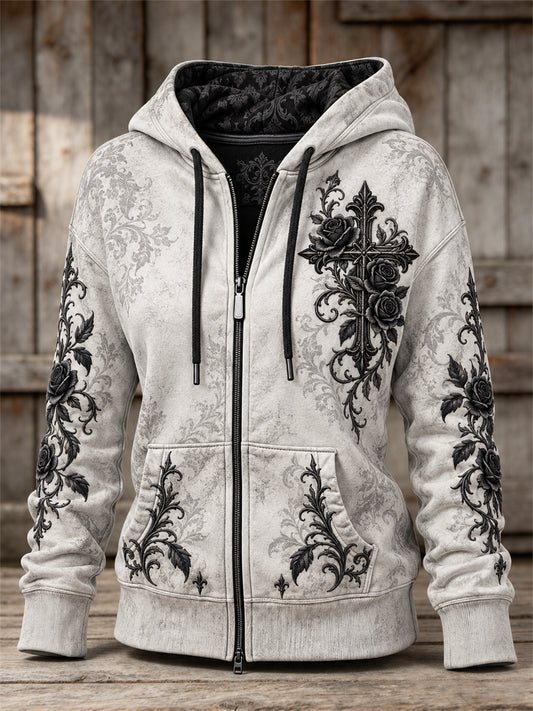 Women's Gothic Cross & Black Roses Floral Print Full Zip Hoodie