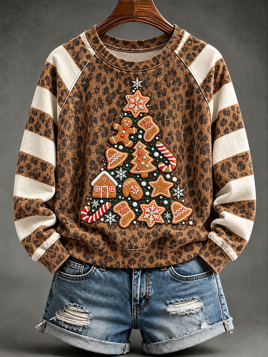 Women's Gingerbread Man Christmas Tree Holiday Print Raglan Sleeve Sweatshirt