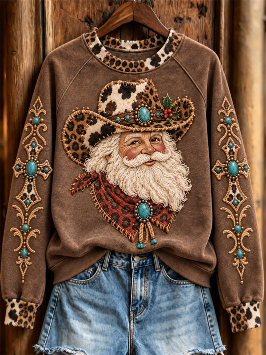 Women's Christmas Western Cowboy Santa Claus & Cross Print raglan sleeve sweatshirt