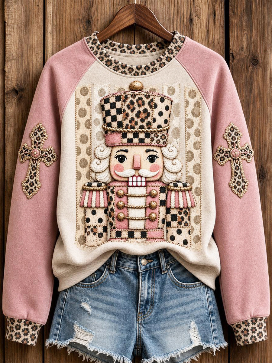 Women's Christmas Western Pink Soldier & Cross Print raglan sleeve sweatshirt