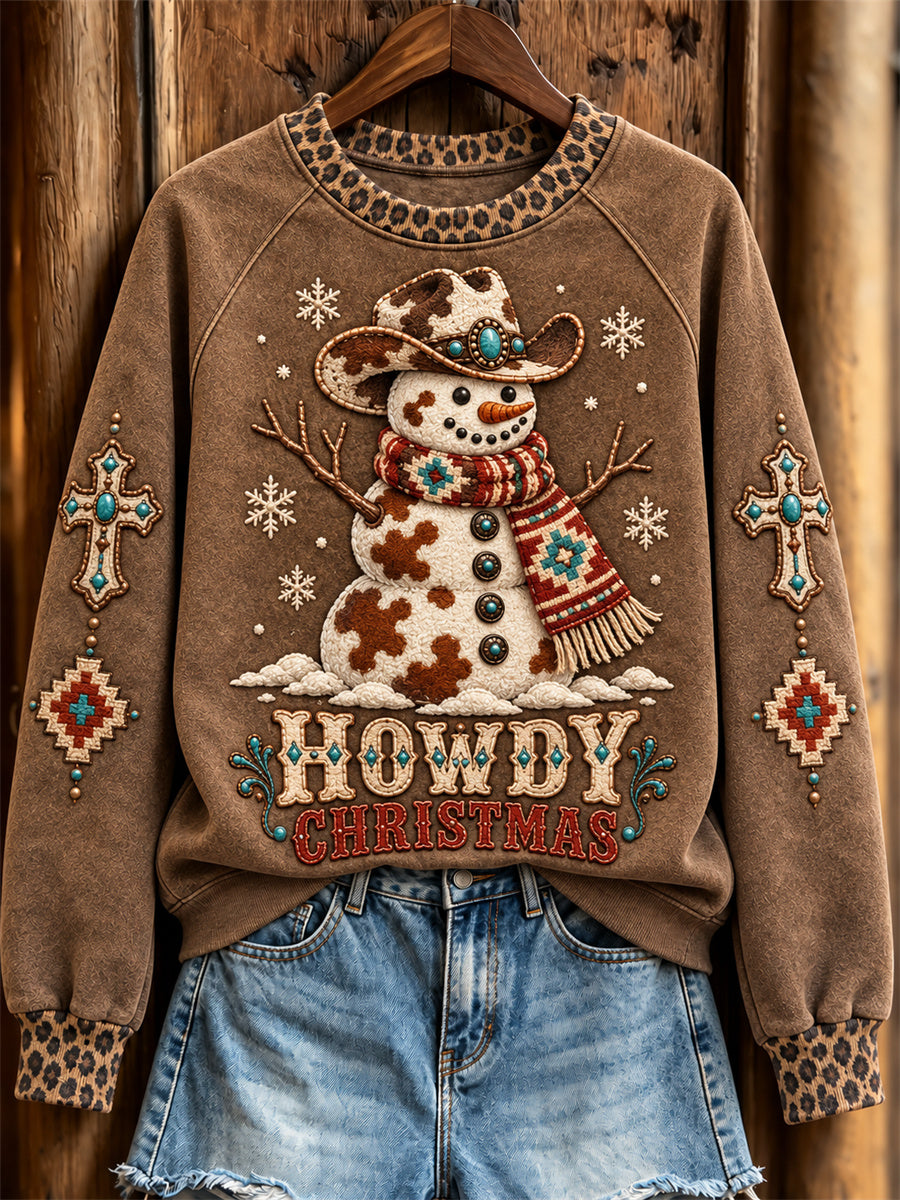 Women's Howdy Christmas Western Snowman & Cross Print raglan sleeve sweatshirt