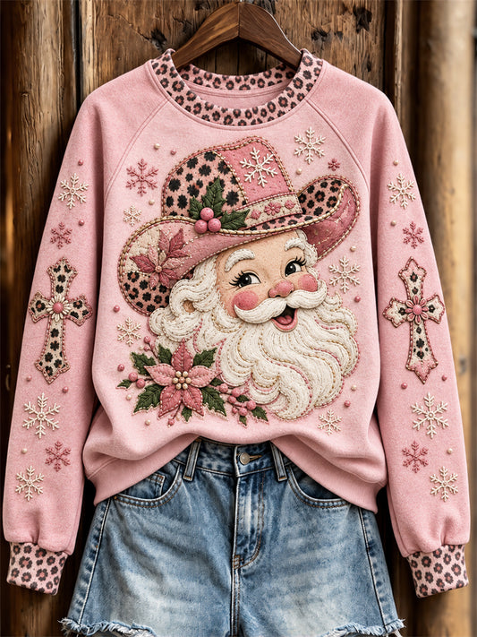 Women's Christmas Western Pink Santa Claus & Cross Print raglan sleeve sweatshirt