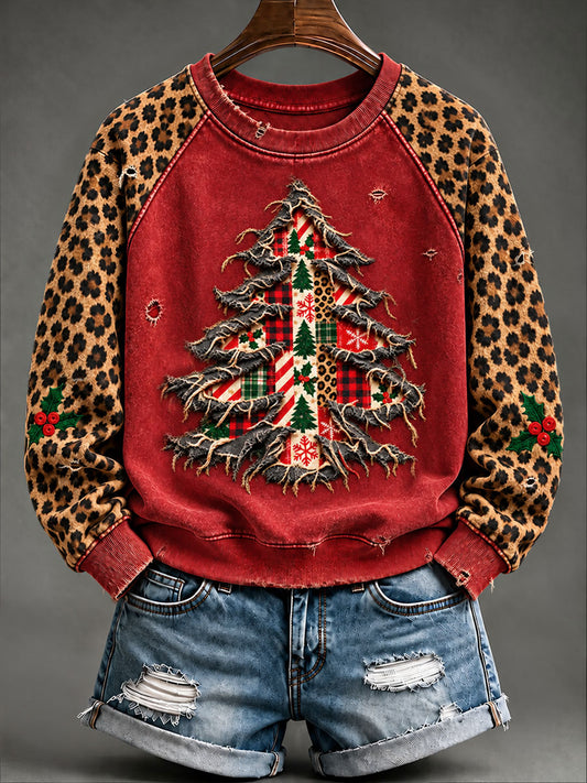 Women's  Vintage Christmas Tree  Art Raglan Sleeve Sweatshirt