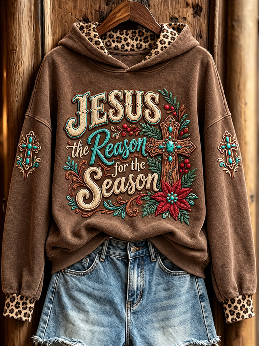 Women's Jesus the Reason for the Season Christmas Western Cross Print Hoodie
