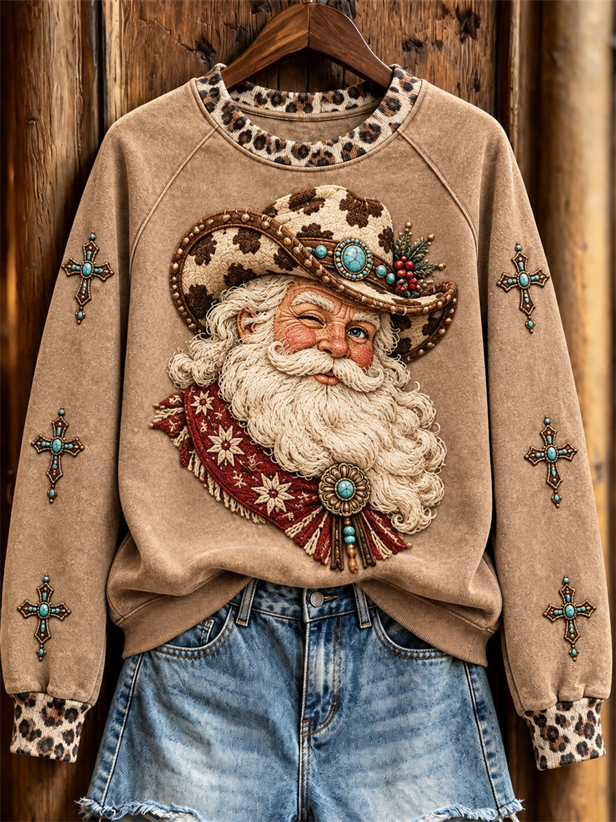 Women's Christmas Western Santa Claus & Cross Print raglan sleeve sweatshirt