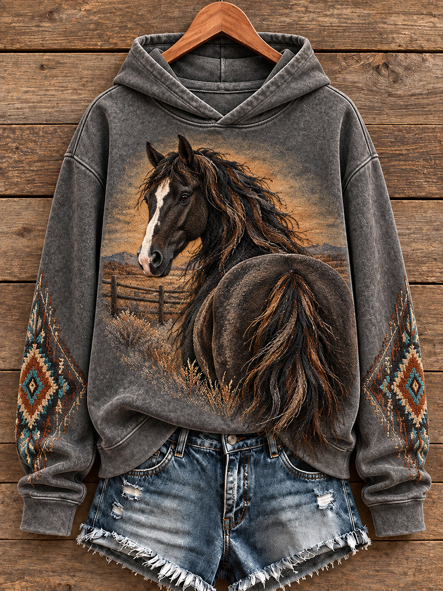 Women's Western Style Vintage Horses Lover Art Printed Hoodie