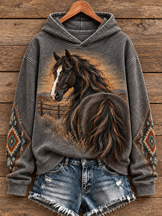 Women's Western Style Vintage Horses Lover Art Printed Hoodie