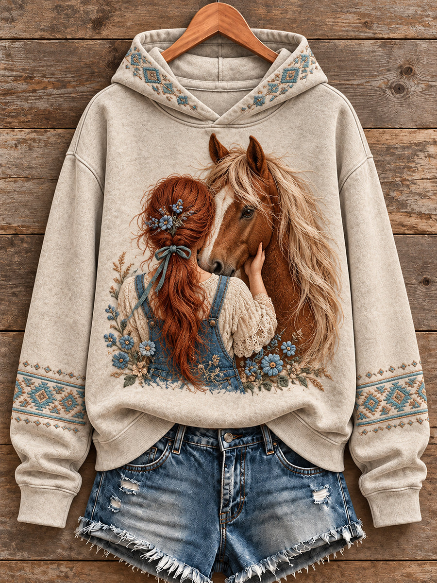 Women's Western Style Vintage Horses Lover Art Printed Hoodie