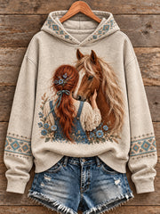 Women's Western Style Vintage Horses Lover Art Printed Hoodie