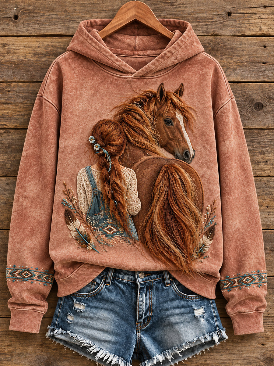 Women's Western Style Vintage Horses Lover Art Printed Hoodie