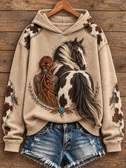 Women's Western Style Vintage Horses Lover Art Printed Hoodie