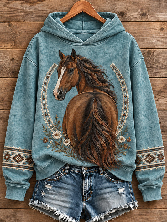 Women's Western Style Vintage Horses Lover Art Printed Hoodie