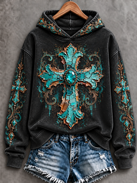 Women's Western Faith Cross Printed Regular Sweatshirt