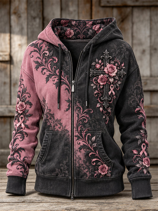 Women's Gothic Cross Pink Ribbon Roses Floral Contrast Color Print Full Zip Hoodie