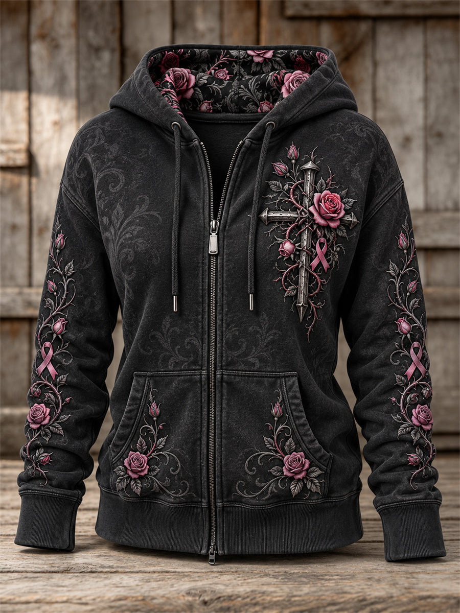 Women's Gothic Cross Pink Ribbon Roses Floral Print Full Zip Hoodie