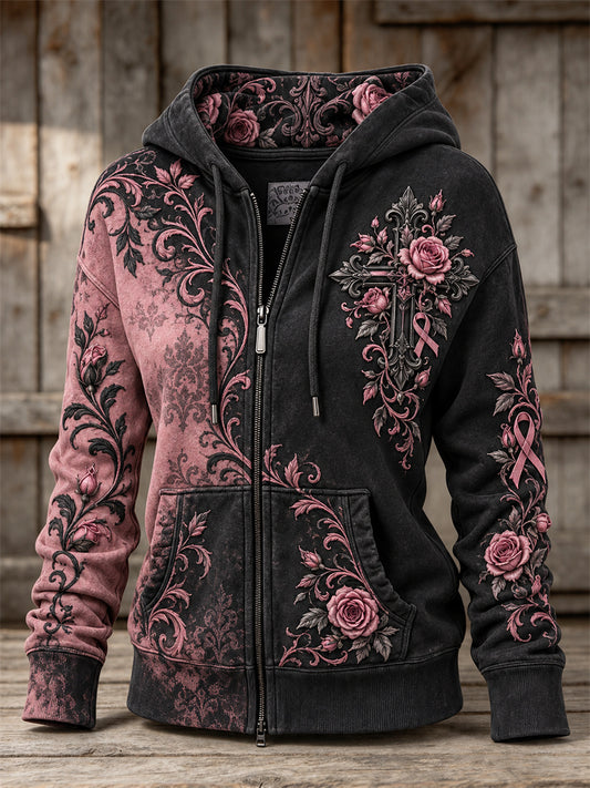 Women's Gothic Cross Pink Ribbon Roses Floral Contrast Color Print Full Zip Hoodie