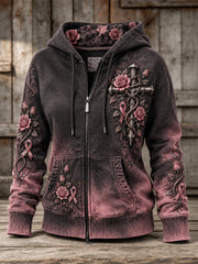 Women's Gothic Cross Pink Ribbon Roses Floral Gradient Color Print Full Zip Hoodie