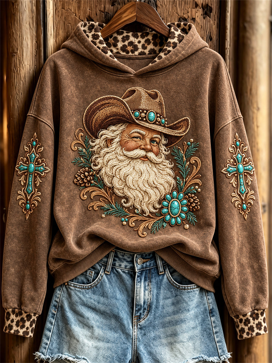 Women's Vintage Christmas Western Santa Claus & Cross Print Hoodie