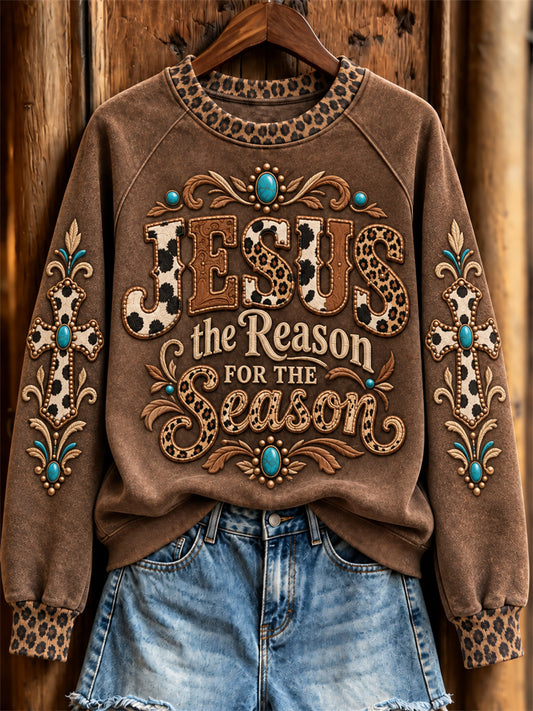 Women's Jesus the Reason for the Season Christmas Western Cross Print Sweatshirt