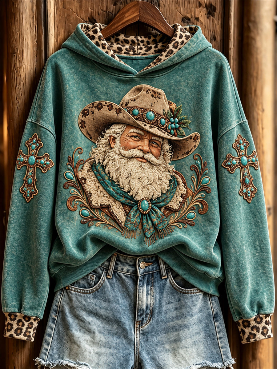 Women's Vintage Christmas Western Santa Claus & Cross Print Hoodie