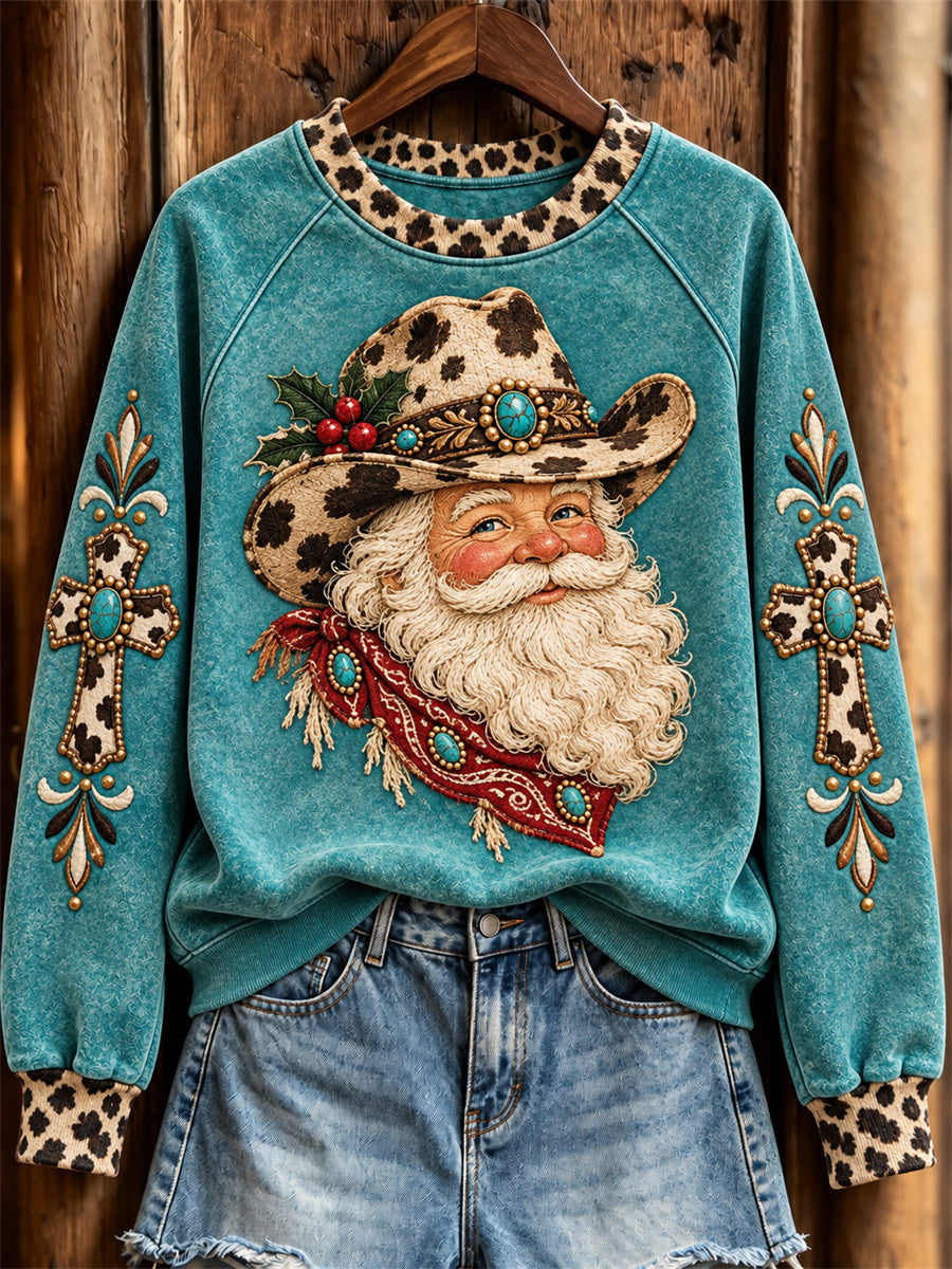 Women's Christmas Western Santa Claus & Cross Print Sweatshirt