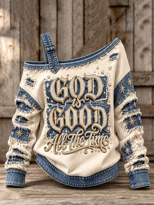 Women's Vintage God Is Good Denim Print Off-Shoulder Sweatshirt