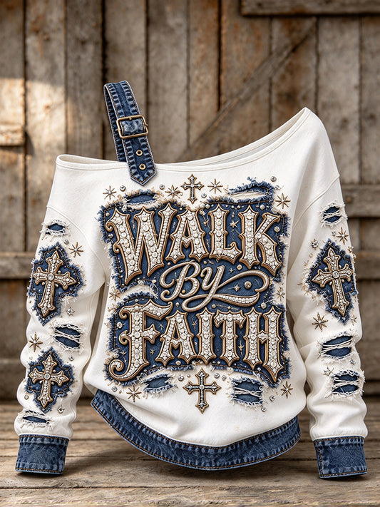 Women's Vintage Walk By Faith Denim Print Off-Shoulder Sweatshirt