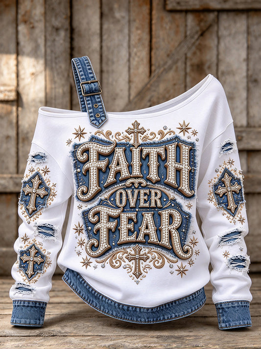 Women's Vintage Faith Over Fear Denim Print Off-Shoulder Sweatshirt