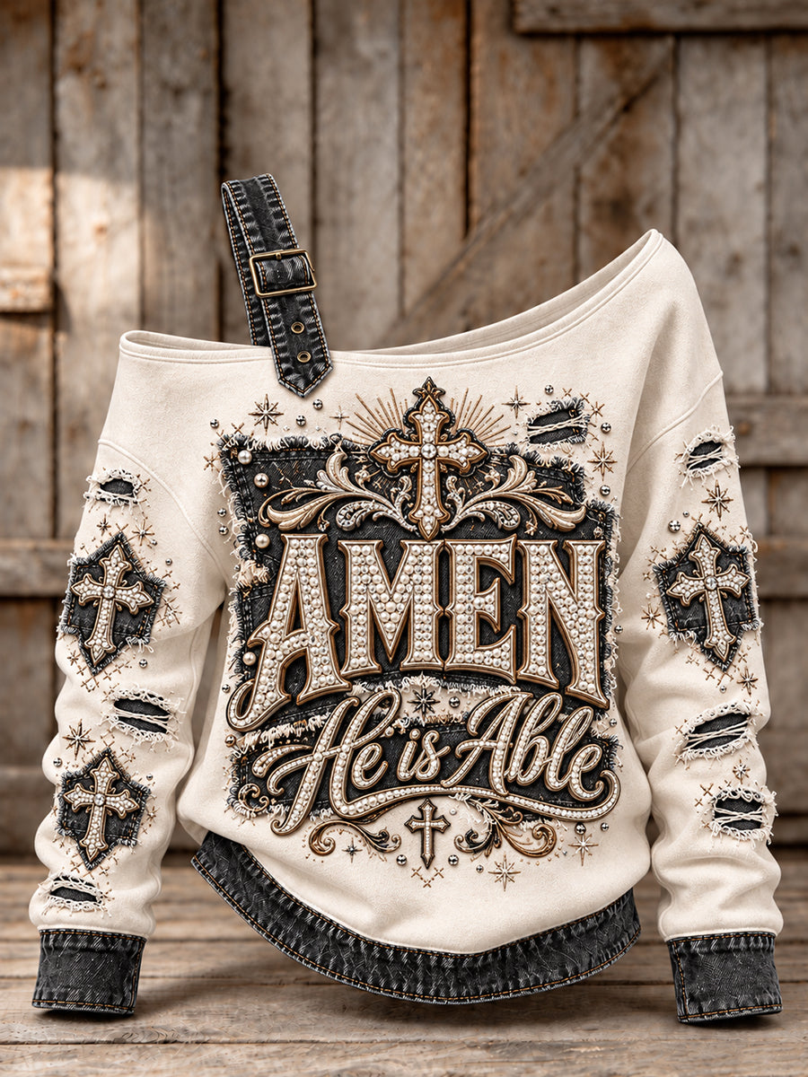 Women's Vintage Amen He Is Able Denim Print Off-Shoulder Sweatshirt