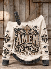 Women's Vintage Amen He Is Able Denim Print Off-Shoulder Sweatshirt