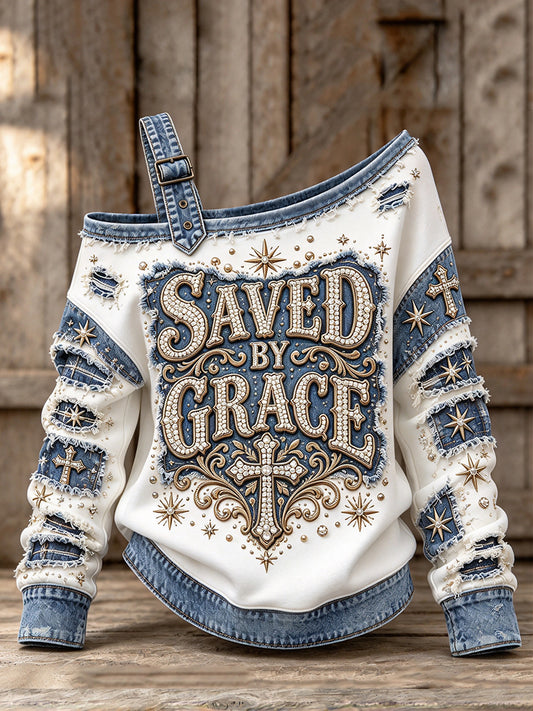 Women's Vintage Saved By Grace Denim Print Off-Shoulder Sweatshirt