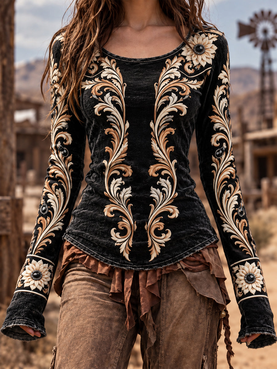 Women's Vintage Western Style Long Sleeve Top