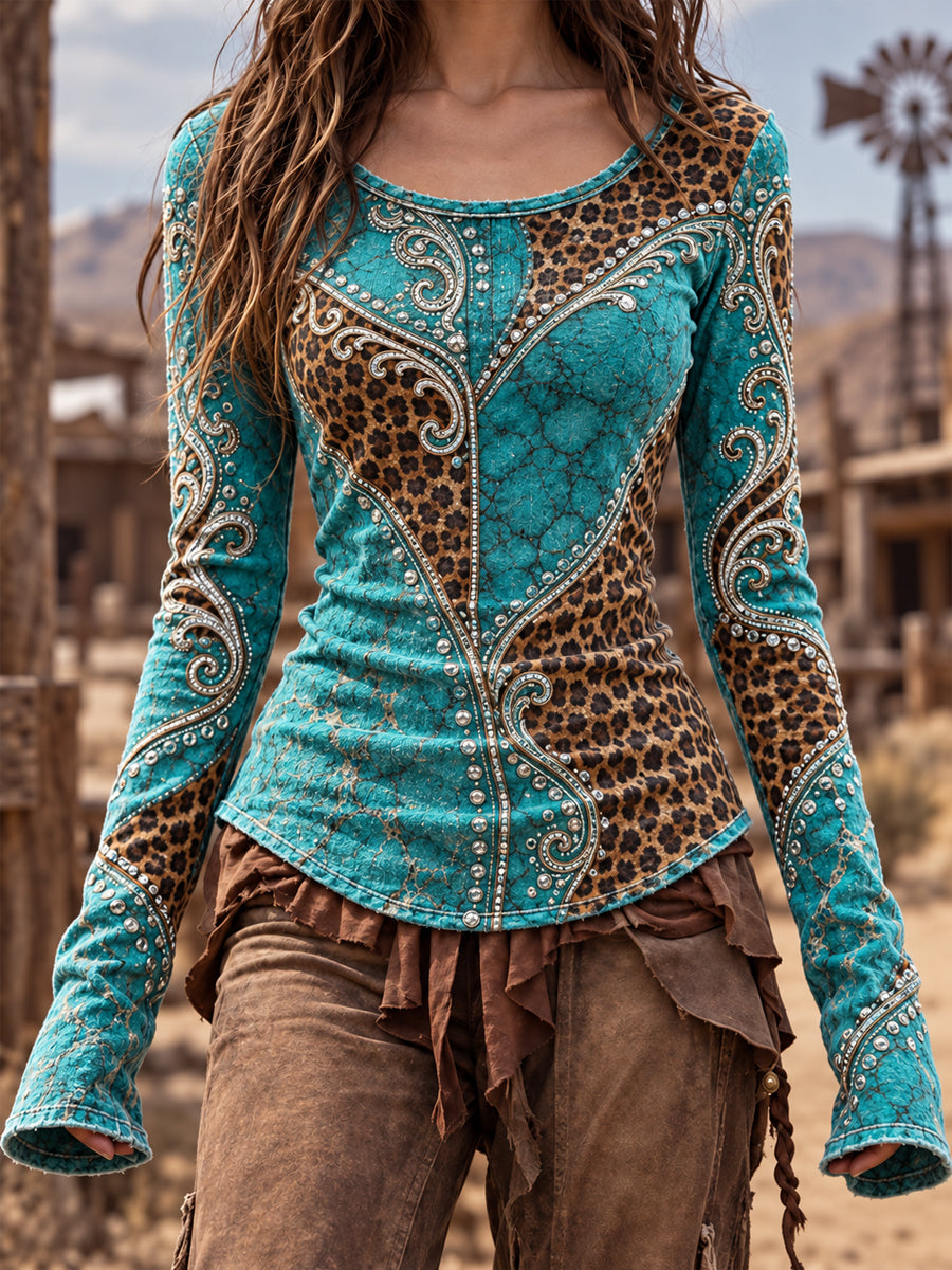 Women's Vintage Western Round-Neck Long-Sleeve T-Shirt
