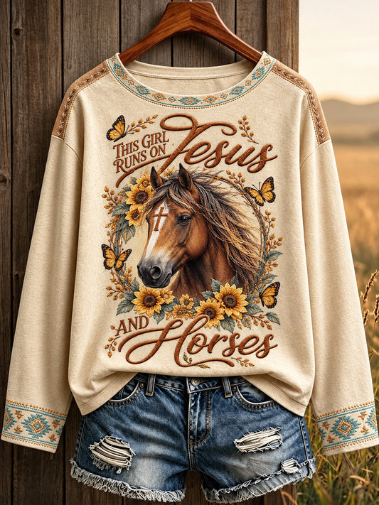 Women's Vintage Western Syle Faith&Horses Lover Printed T-shirt
