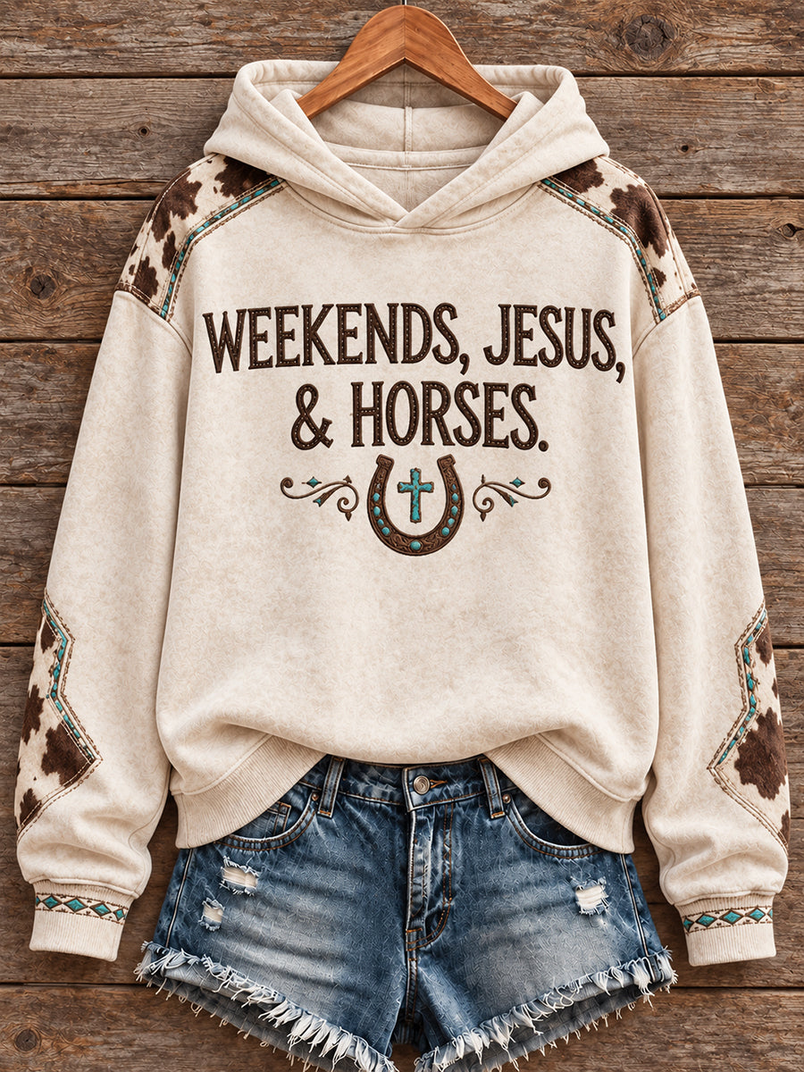 Women's Vintage Western Syle Faith&Horses Lover Printed Hoodie