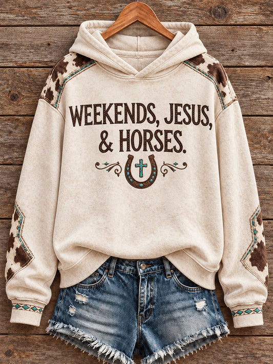 Women's Vintage Western Syle Faith&Horses Lover Printed Hoodie