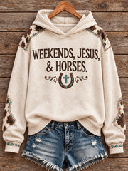 Women's Vintage Western Syle Faith&Horses Lover Printed Hoodie